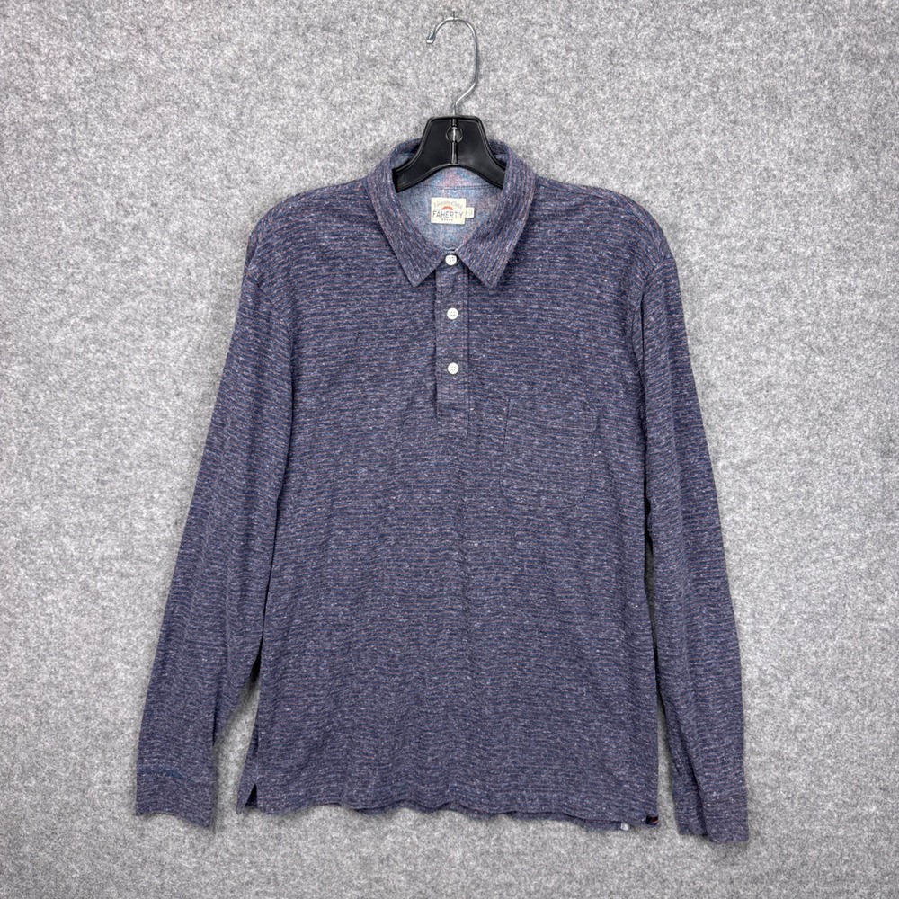 Faherty Brand Mens Large Blue Striped Slub‎ Long Sleeve Polo Shirt Cotton Blend